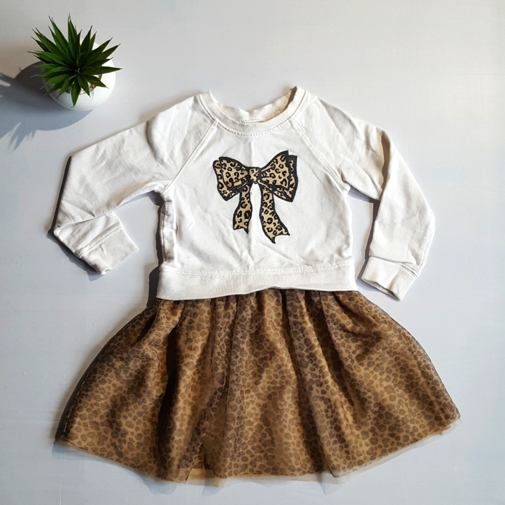 The Children's Place Girls 5T Leopard Print Bow Dress with Tulle Skirt EUC